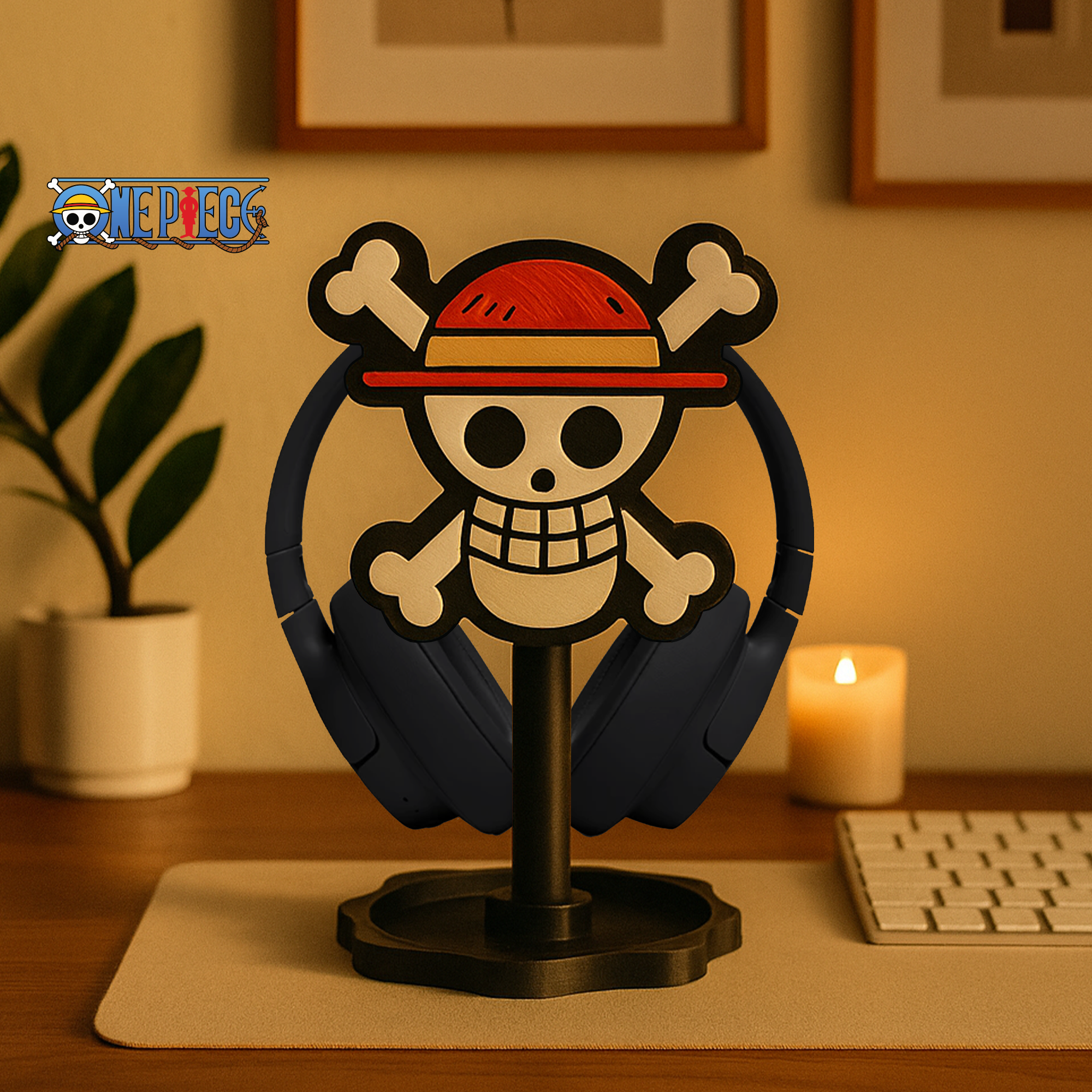 One Piece Temalı Kulaklık Tutucu – Oyuncu Masası Aksesuarı | Gaming Setup Kulaklık Standı