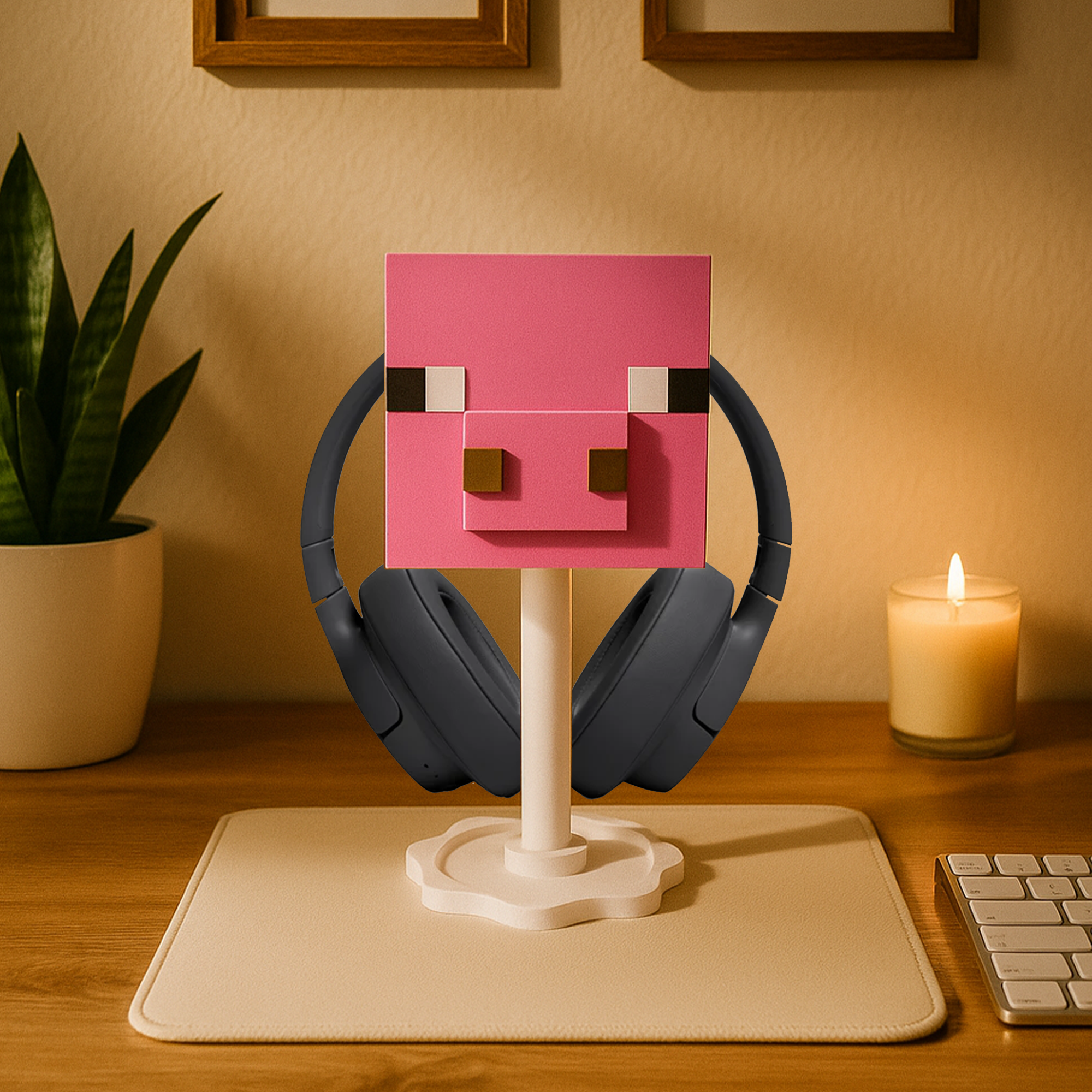 Minecraft Pig Temalı Kulaklık Tutucu – Oyuncu Masası Aksesuarı | Gaming Setup Kulaklık Standı