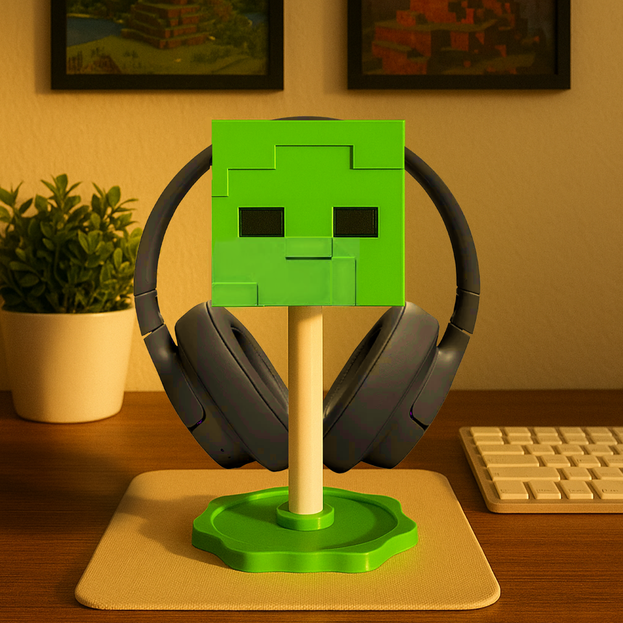 Minecraft Zombi Temalı Kulaklık Tutucu – Oyuncu Masası Aksesuarı | Gaming Setup Kulaklık Standı